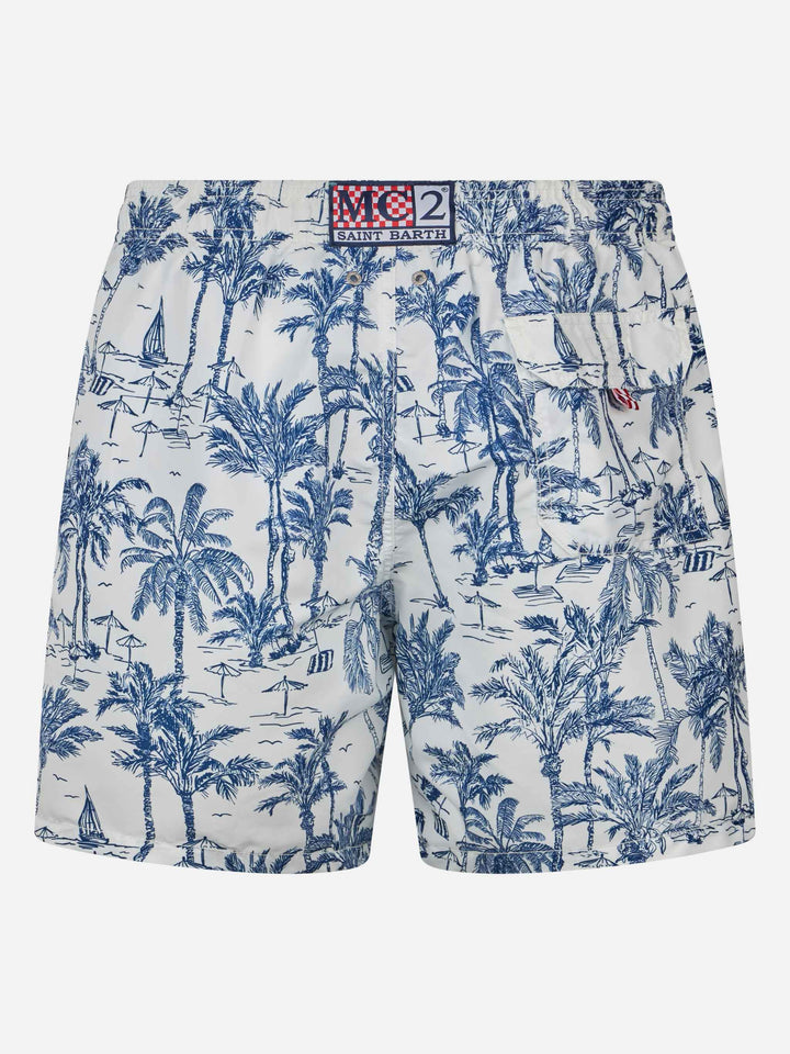 Mid-length Gustavia swim-shorts with toile de jouy print