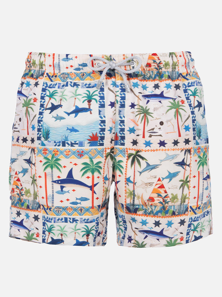 Mid-length Gustavia swim-shorts with shark print | AI CO-CREATED DESIGN BY RICKDICK - POWERED BY RED-EYE