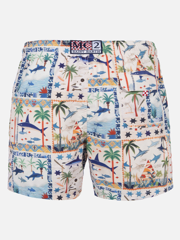 Mid-length Gustavia swim-shorts with shark print | AI CO-CREATED DESIGN BY RICKDICK - POWERED BY RED-EYE