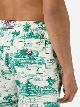 Gustavia swim shorts with green toile de jouy print