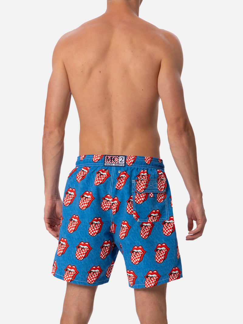 Mittellange gestreifte Gustavia-Badeshorts für Herren mit Rolling-Stones-Aufdruck | ROLLING STONES SONDEREDITION