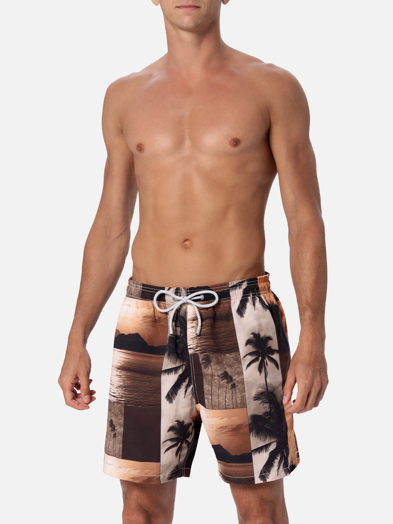 Man mid-length Gustavia swim-shorts with photo sunset print  |  AI CO-CREATED DESIGN BY RICKDICK - POWERED BY RED-EYE