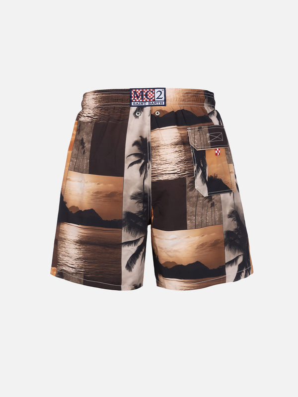 Mittellange Gustavia-Badeshorts für Herren mit Foto-Sonnenuntergang-Print|  AI CO-CREATED DESIGN BY RICKDICK - POWERED BY RED-EYE