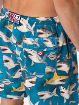 Man mid-length Gustavia swim-shorts with shark print  | AI CO-CREATED DESIGN BY RICKDICK - POWERED BY RED-EYE