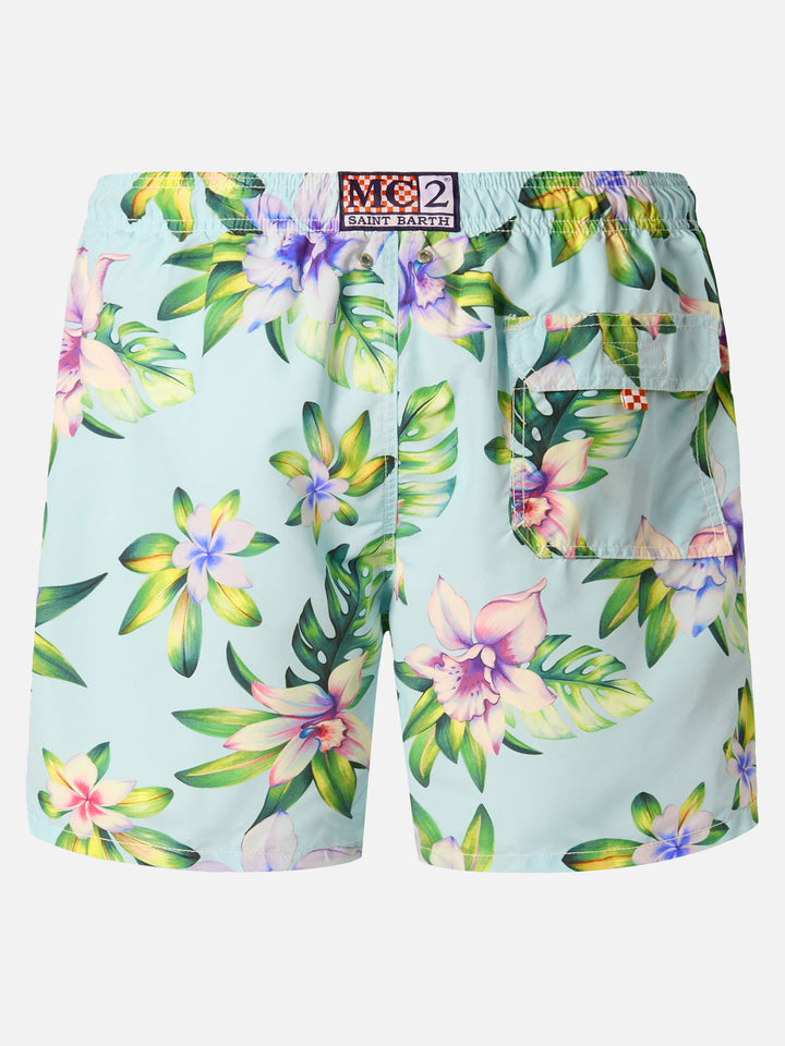 Mid-length Gustavia swim-shorts with tropical print