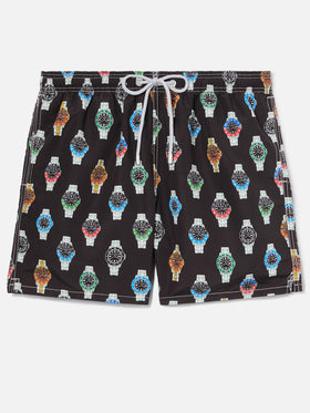 Gustavia swim shorts in solid black with watch print