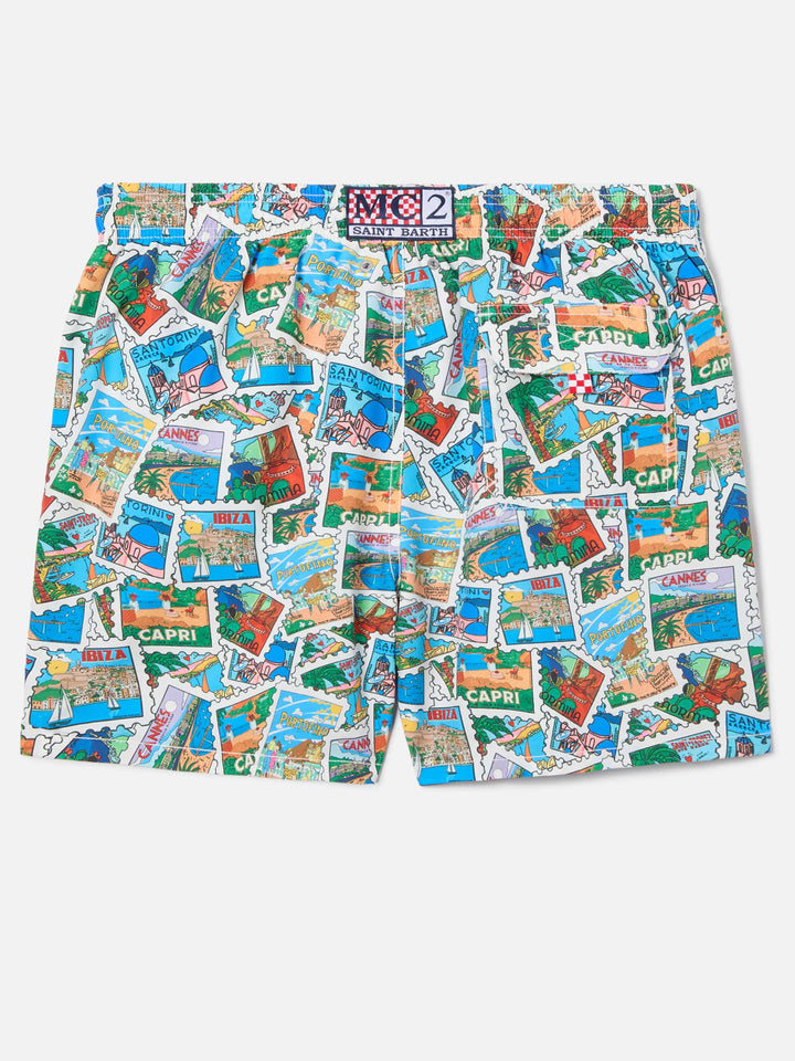 Gustavia swim shorts with all-over postcard print