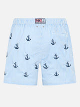 Man mid-length seersucker Gustavia swim shorts with anchors embroidery