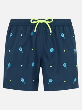 Mid-length striped Gustavia swim-shorts with padel embroidery