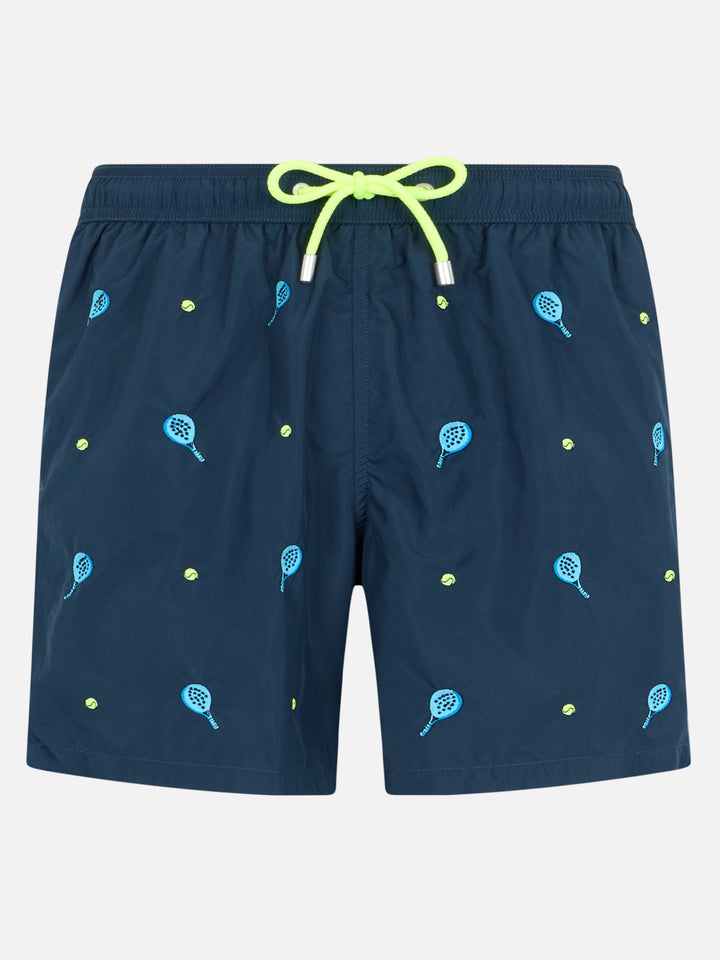 Mid-length striped Gustavia swim-shorts with padel embroidery