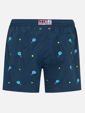Mid-length striped Gustavia swim-shorts with padel embroidery