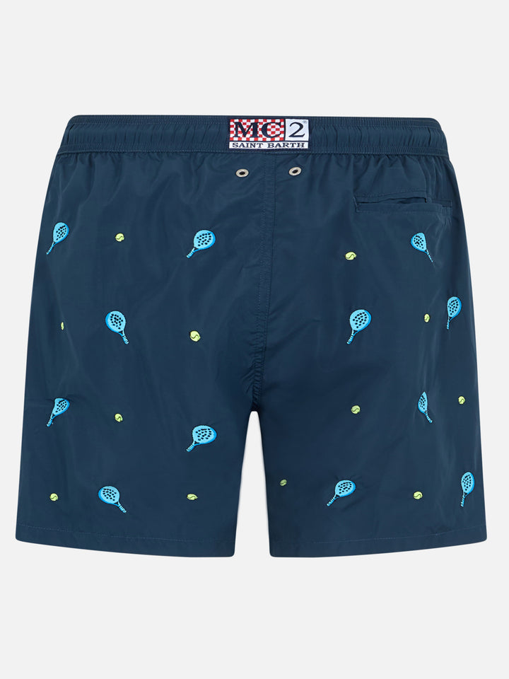 Mid-length striped Gustavia swim-shorts with padel embroidery