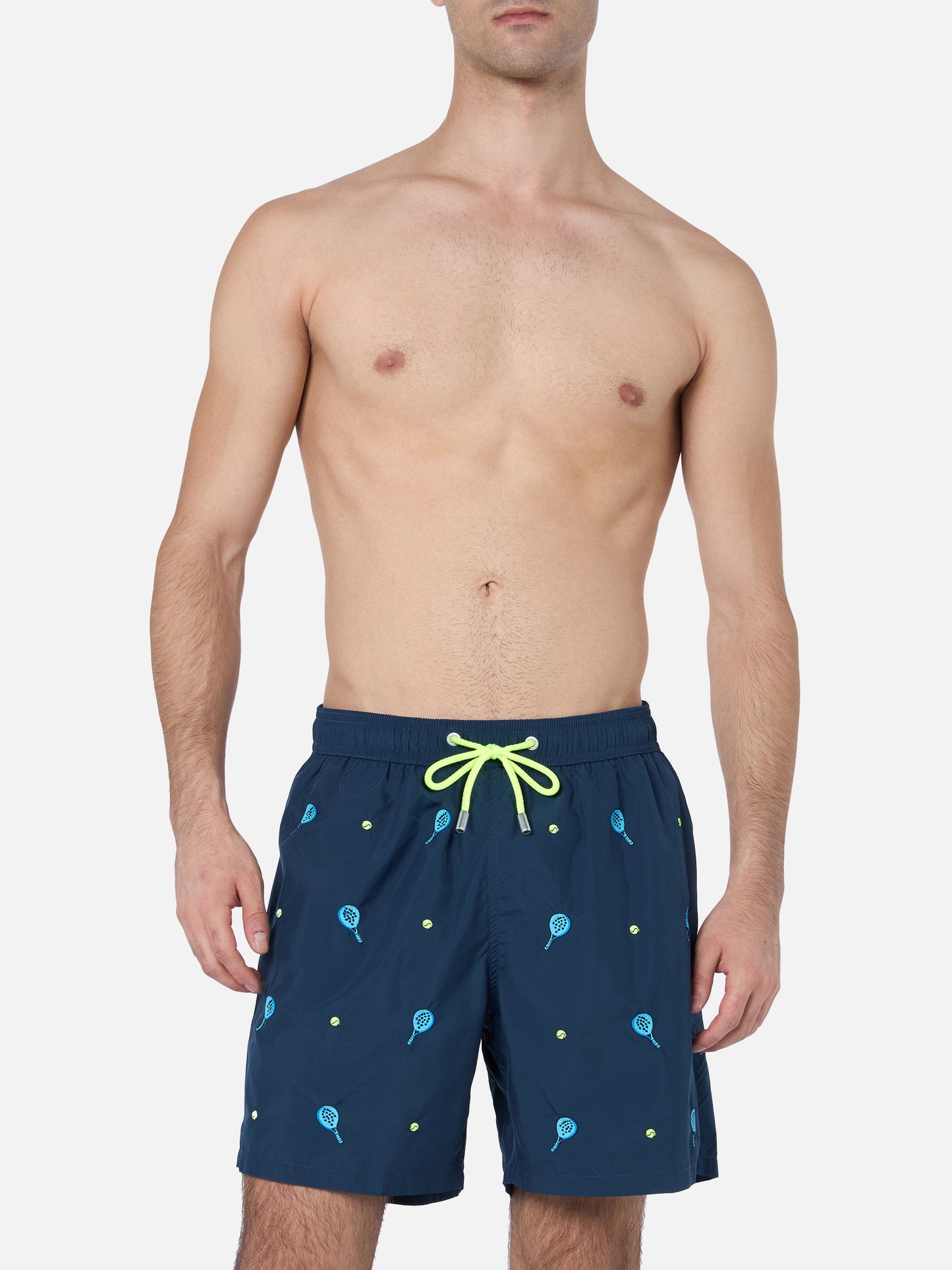 Mid-length striped Gustavia swim-shorts with padel embroidery