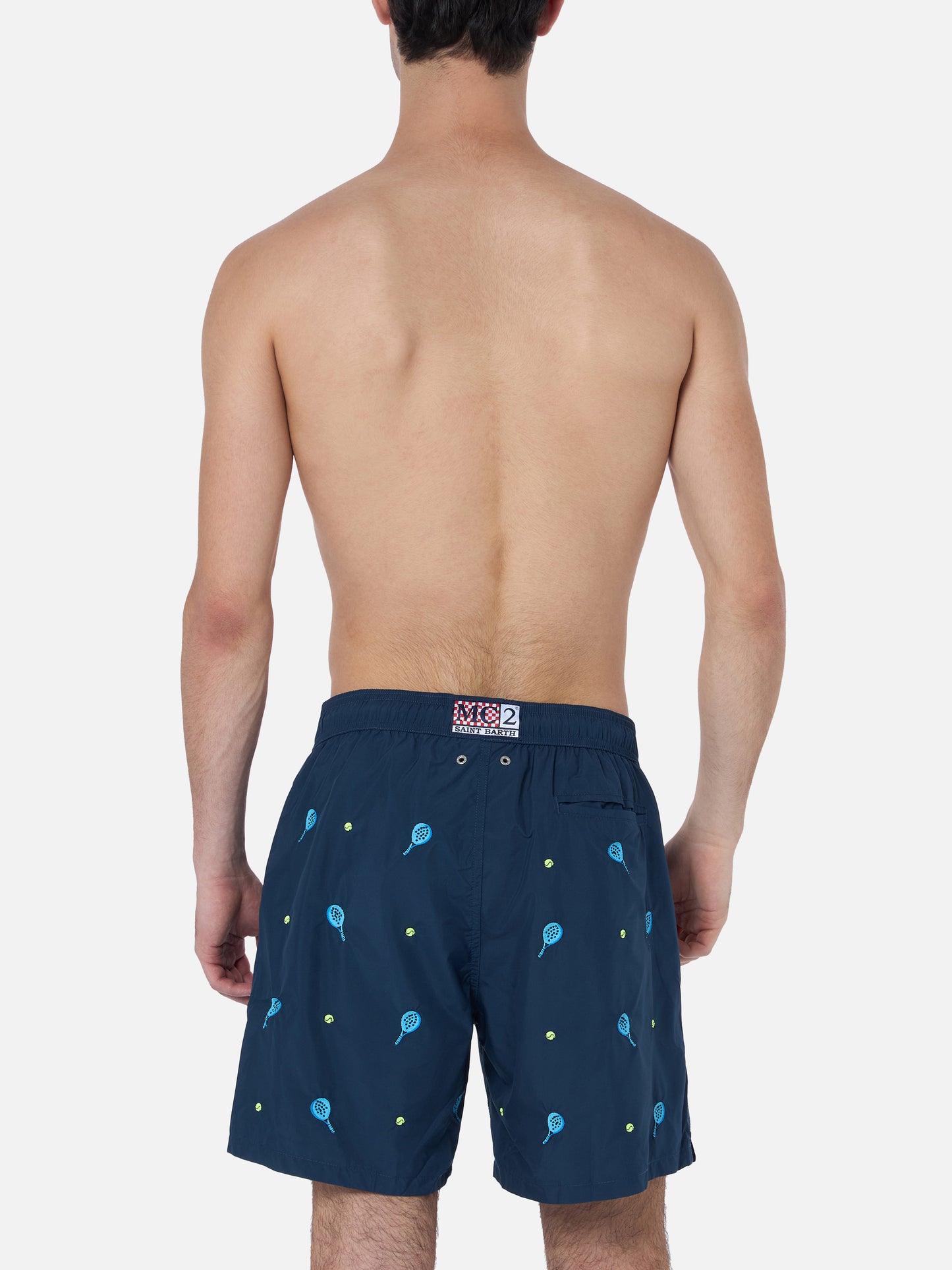 Mid-length striped Gustavia swim-shorts with padel embroidery