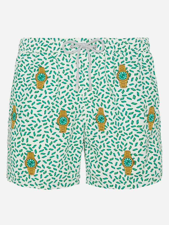 Mid-length striped Gustavia swim-shorts with watches embroidery
