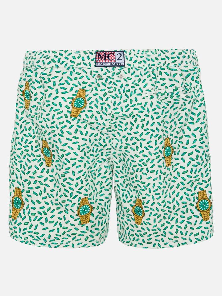 Mid-length striped Gustavia swim-shorts with watches embroidery