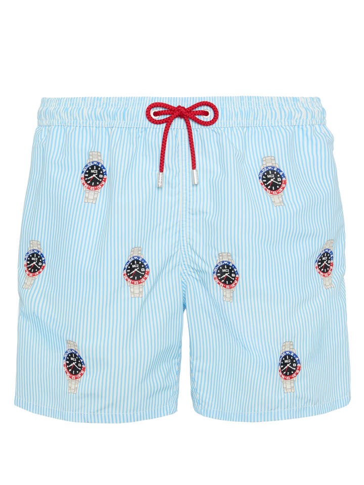 Mid-length striped Gustavia swim-shorts with watches embroidery - MC2 Saint Barth