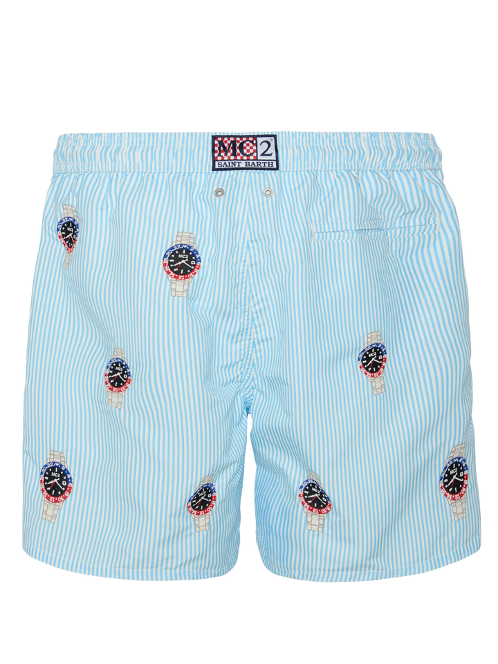 Mid-length striped Gustavia swim-shorts with watches embroidery - MC2 Saint Barth