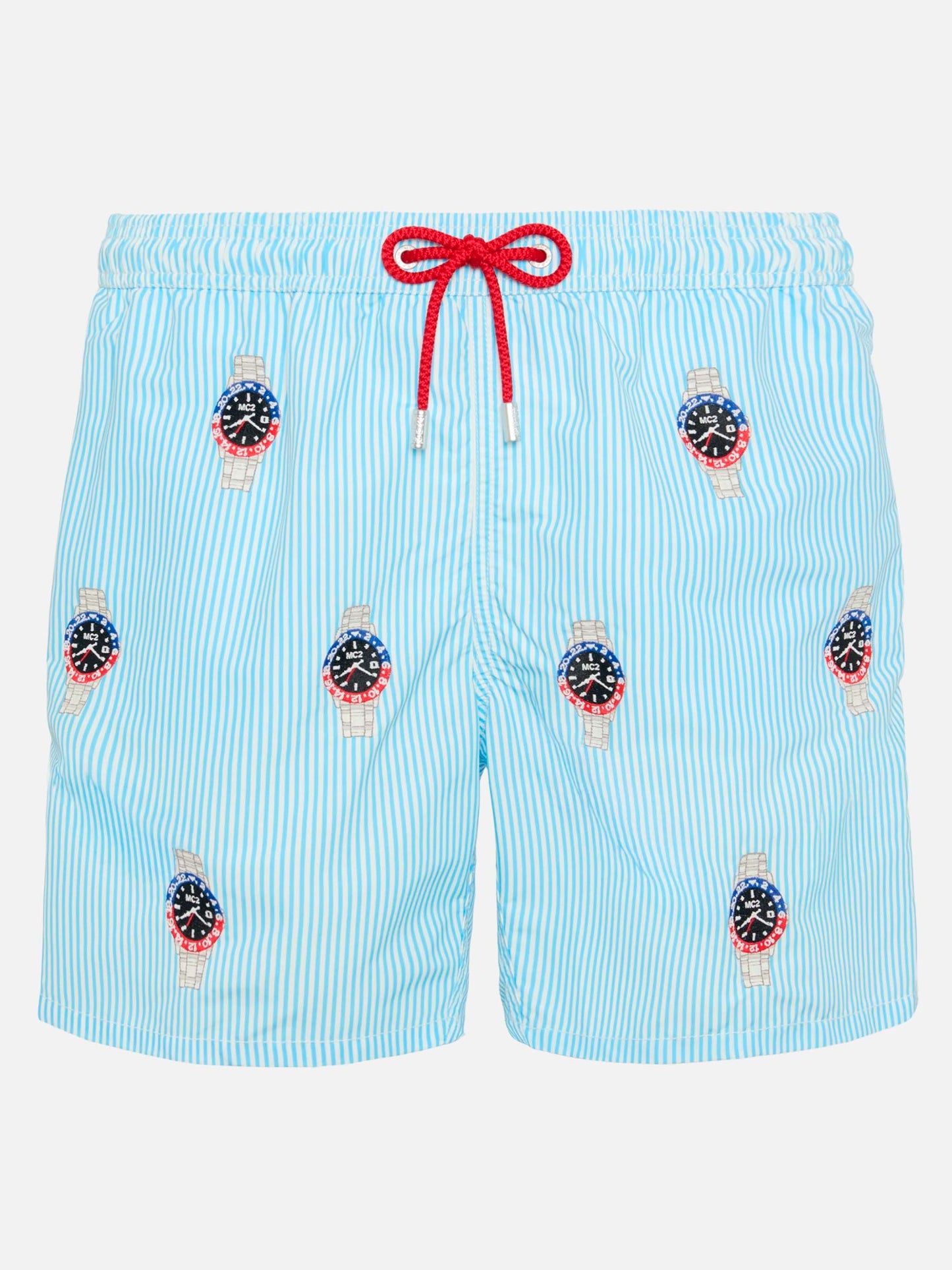 Mid-length striped Gustavia swim-shorts with watches embroidery