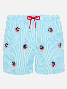 Mid-length striped Gustavia swim-shorts with watches embroidery