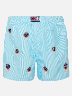 Mid-length striped Gustavia swim-shorts with watches embroidery