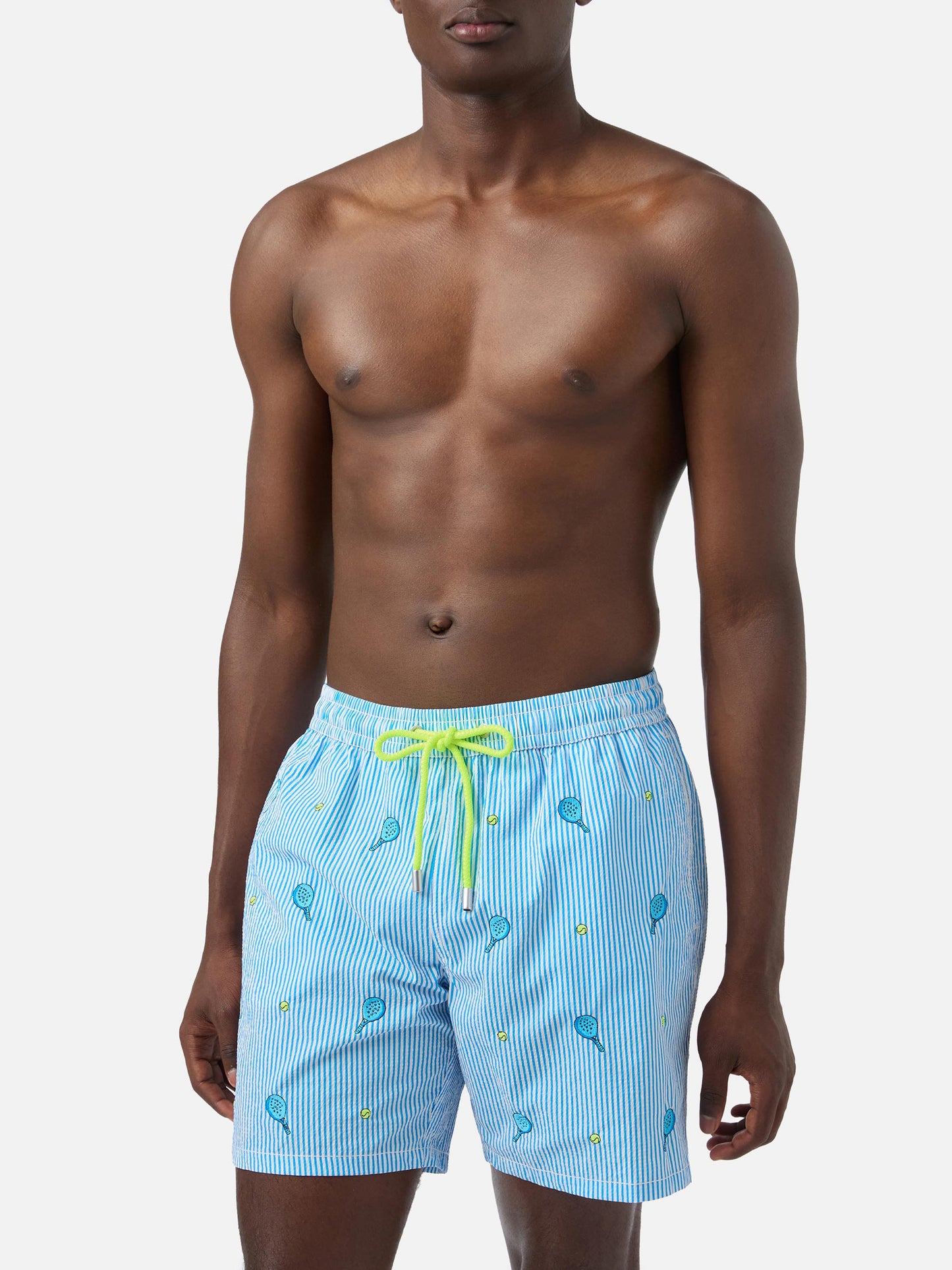 Gustavia seersucker striped swim shorts with embroidery