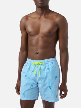Gustavia seersucker striped swim shorts with embroidery