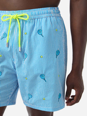 Gustavia seersucker striped swim shorts with embroidery