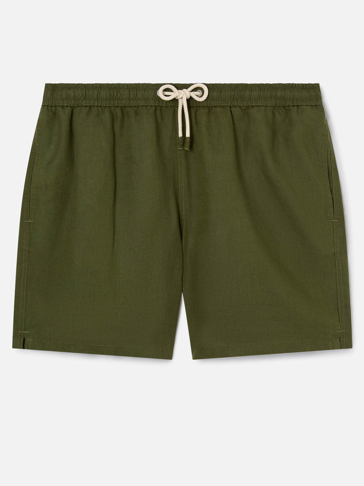 Gustavia military green plain-color linen swim shorts