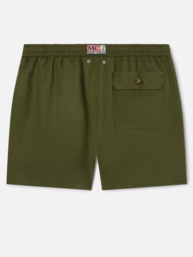 Mittellange militärgrüne Leinen-Badeshorts Gustavia