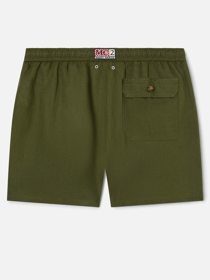 Gustavia military green plain-color linen swim shorts