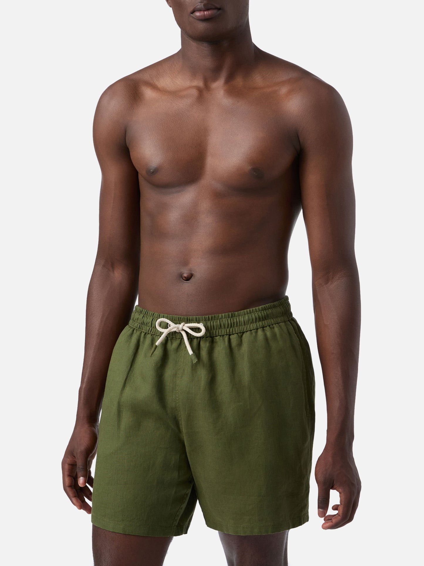 Mittellange militärgrüne Leinen-Badeshorts Gustavia