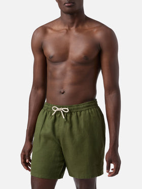 Mittellange militärgrüne Leinen-Badeshorts Gustavia
