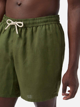 Mittellange militärgrüne Leinen-Badeshorts Gustavia