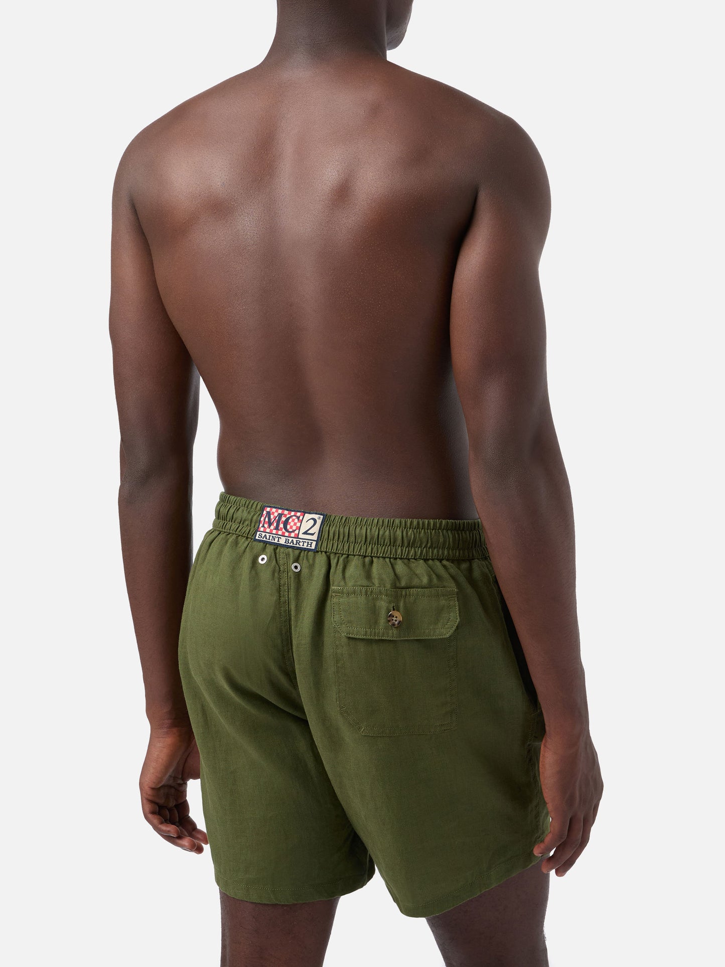 Mittellange militärgrüne Leinen-Badeshorts Gustavia