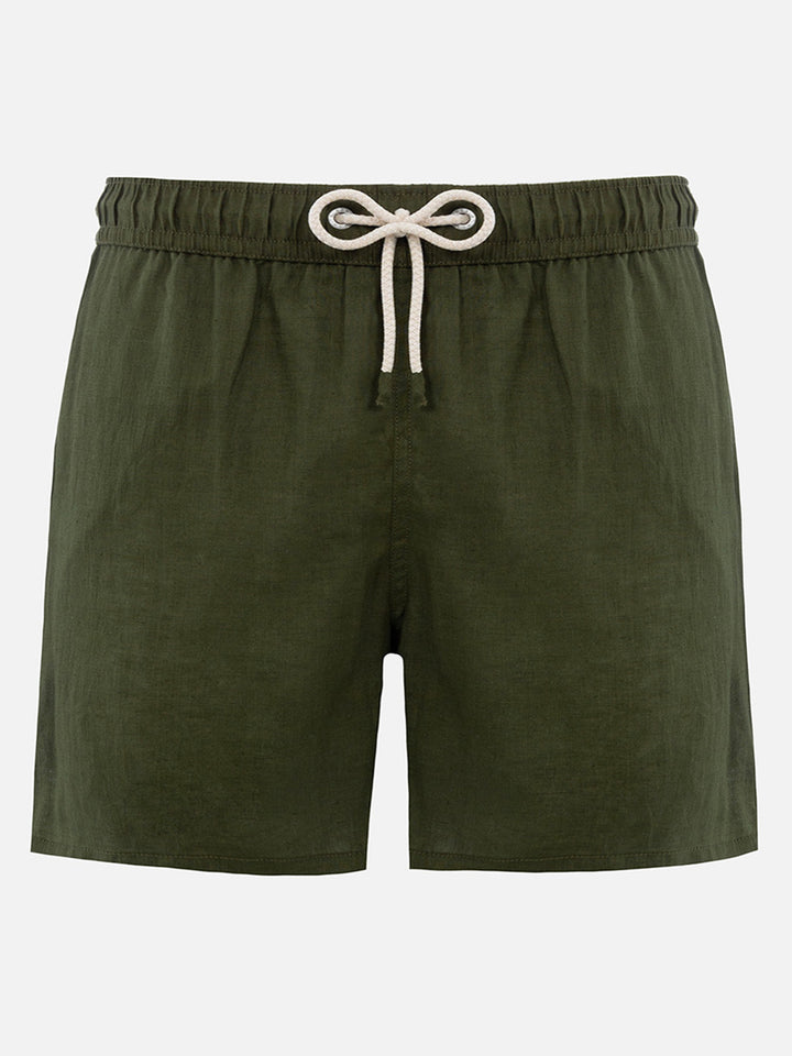Mittellange militärgrüne Leinen-Badeshorts Gustavia