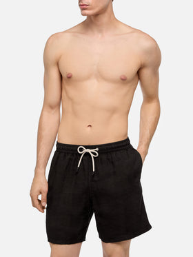Mid-length black linen swim-shorts Gustavia