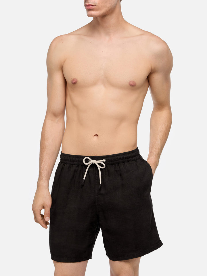 Mid-length black linen swim-shorts Gustavia