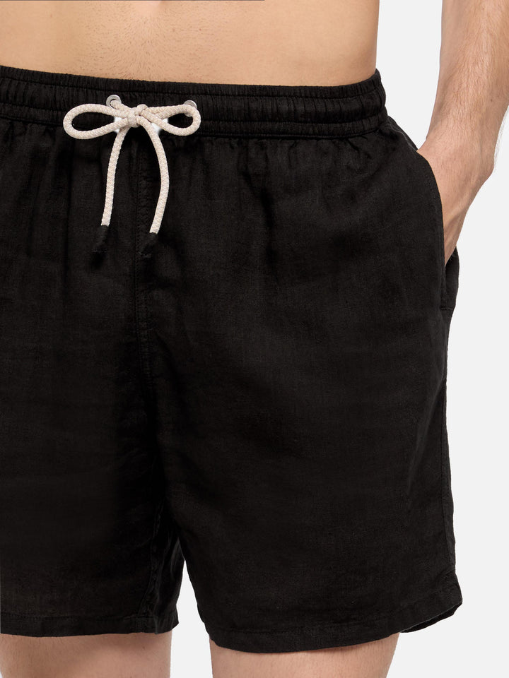 Mid-length black linen swim-shorts Gustavia