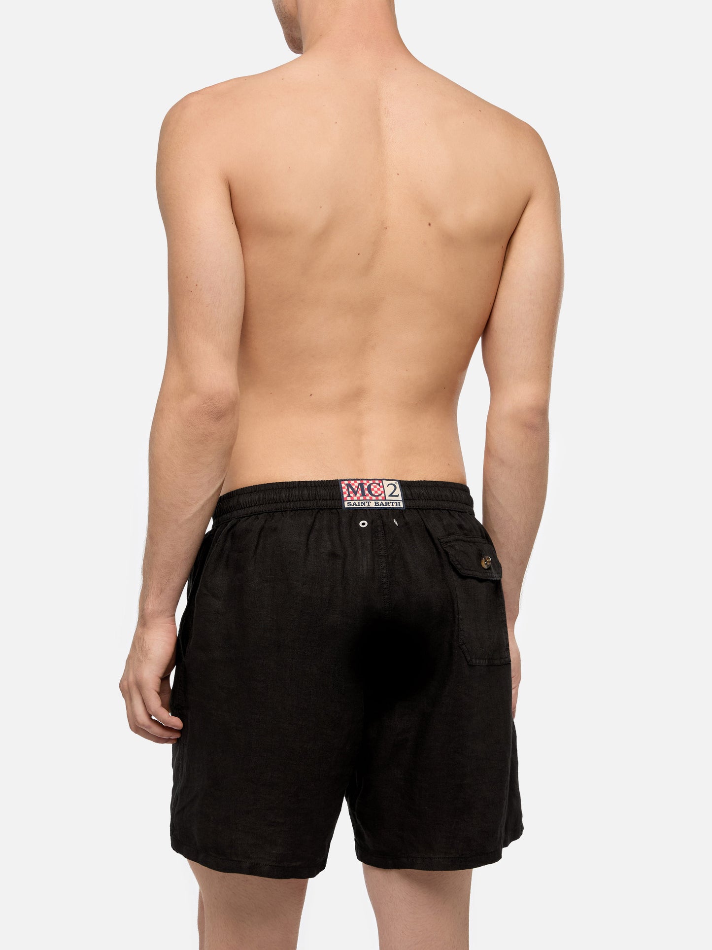 Mid-length black linen swim-shorts Gustavia
