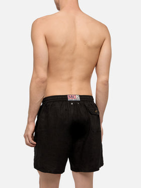 Mid-length black linen swim-shorts Gustavia
