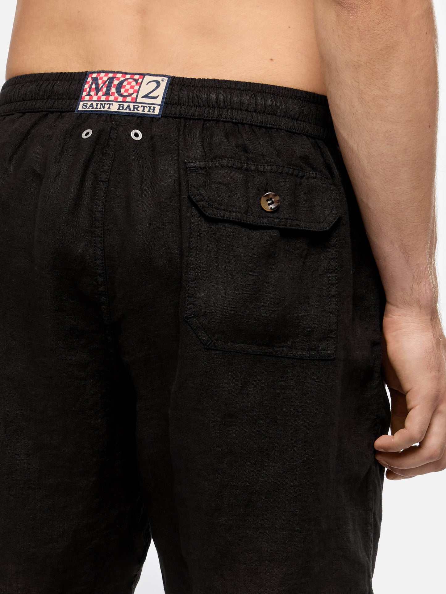 Mid-length black linen swim-shorts Gustavia