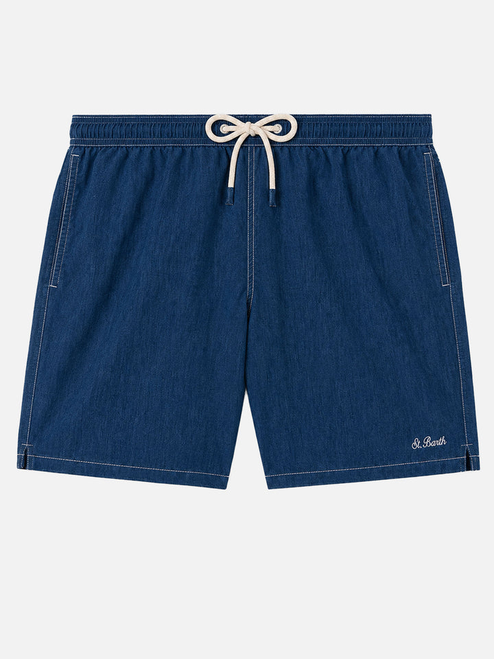 Mittellange Herren-Badeshorts aus Denim in Blau aus Leinen Gustavia