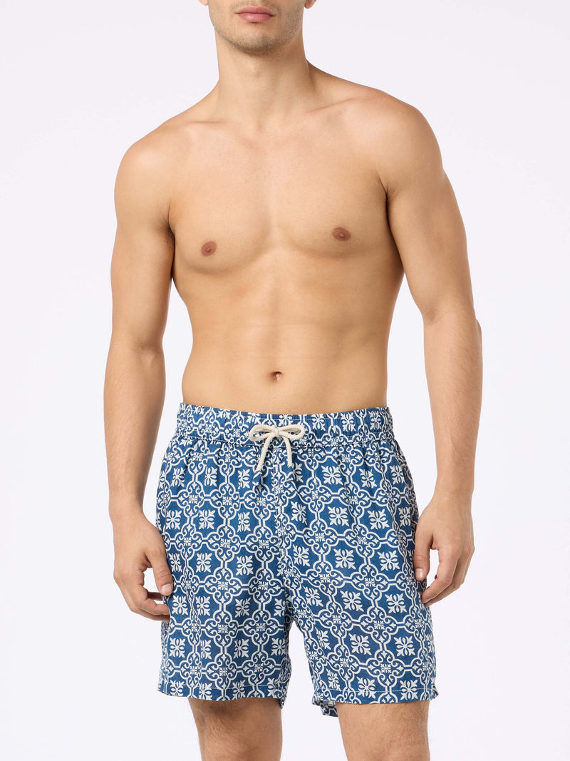 Man mid-length linen swim-shorts Gustavia with majolica print