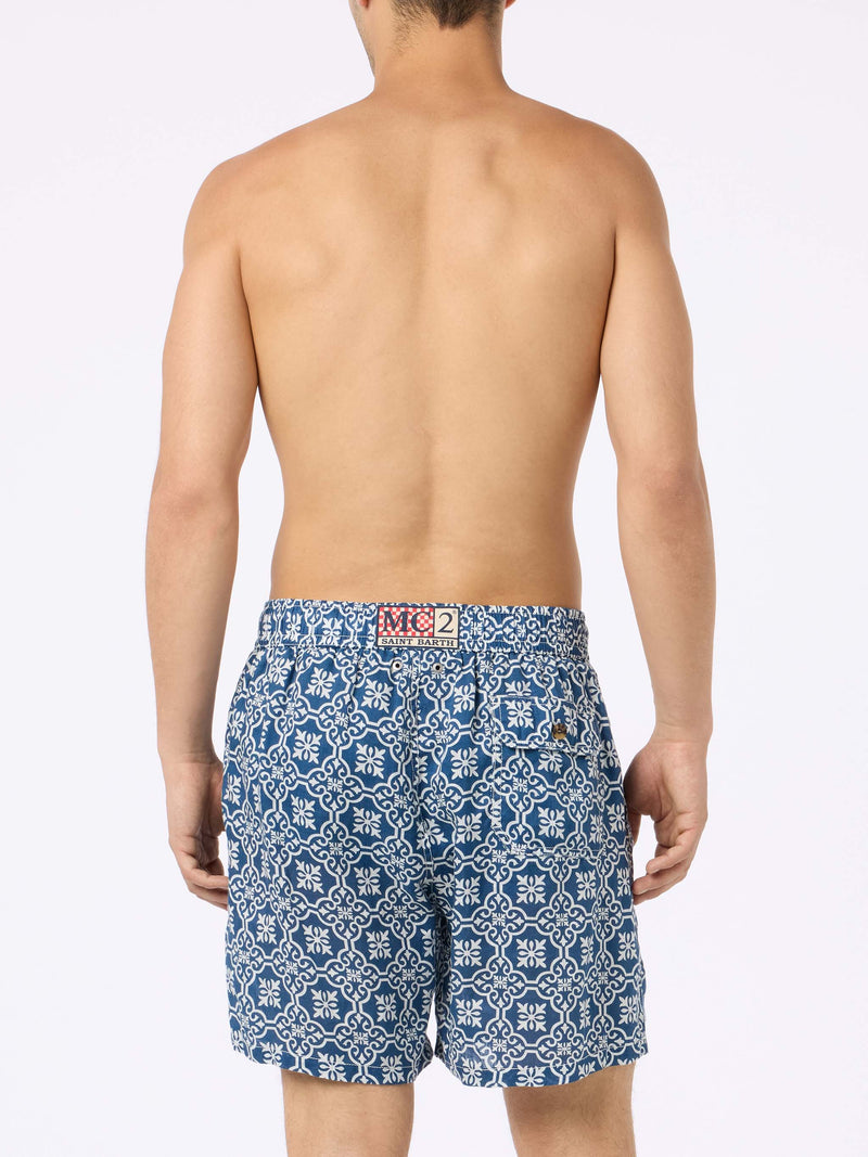 Man mid-length linen swim-shorts Gustavia with majolica print