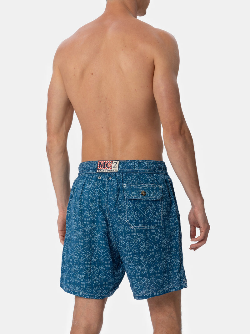 Mittellange Herren-Badeshorts Gustavia aus Leinen mit Sashiko-Print