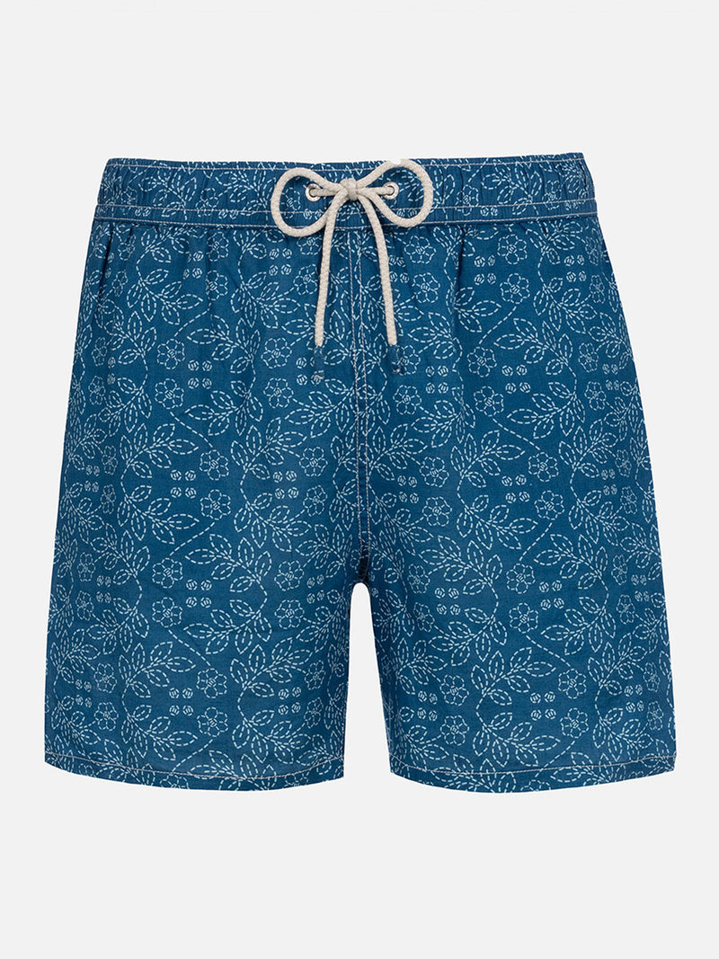 Mittellange Herren-Badeshorts Gustavia aus Leinen mit Sashiko-Print