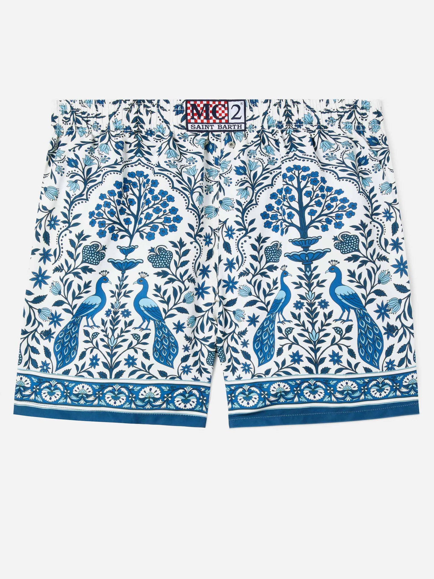 Gustavia white swim shorts with contrasting peacock print