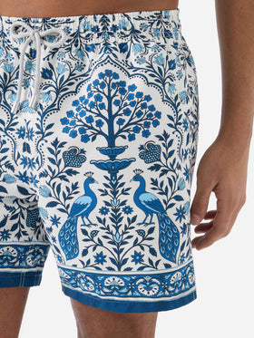 Gustavia white swim shorts with contrasting peacock print