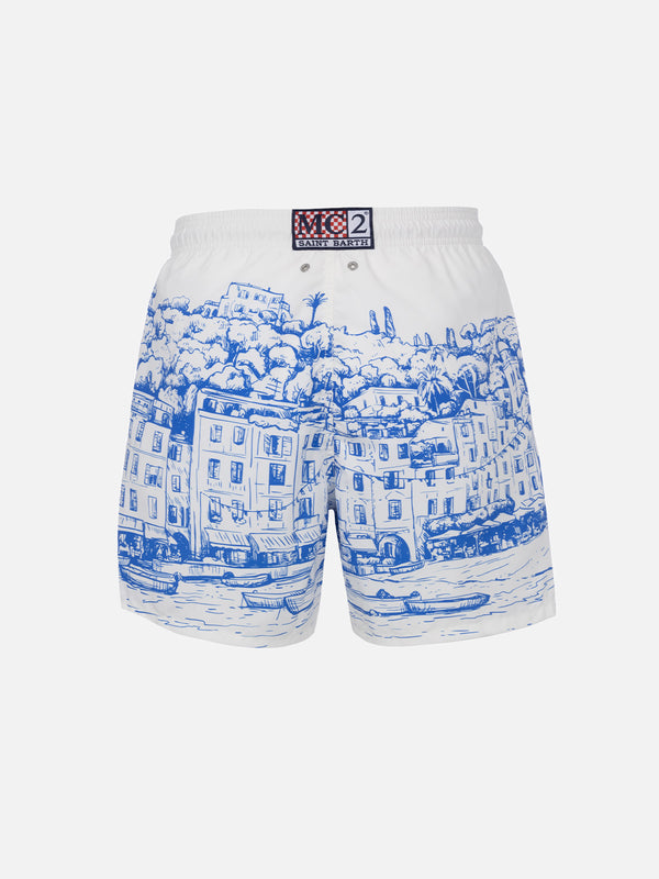 Man mid-length Gustavia swim-shorts with Portofino placed print